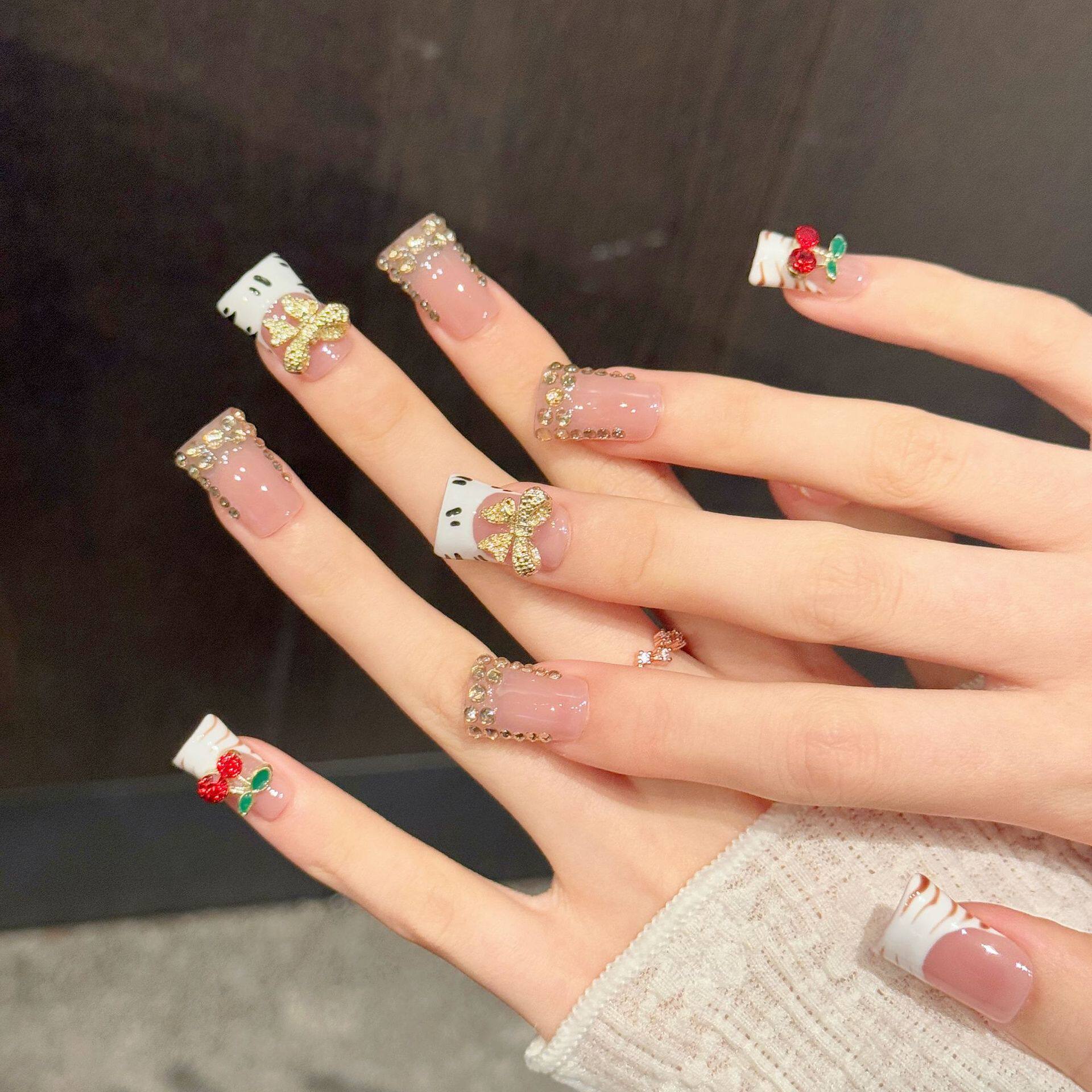 甜樱豹纹豹纹蝴蝶结樱桃甜美显白手工美甲片跨境假指甲