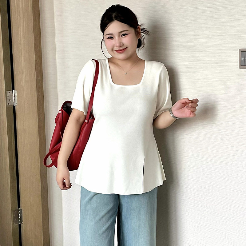 侧开叉上衣女短袖t恤针织衫