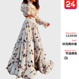 2025年欧美跨境网红蝴蝶印花两件套波西米亚大裙摆长裙沙滩连衣裙