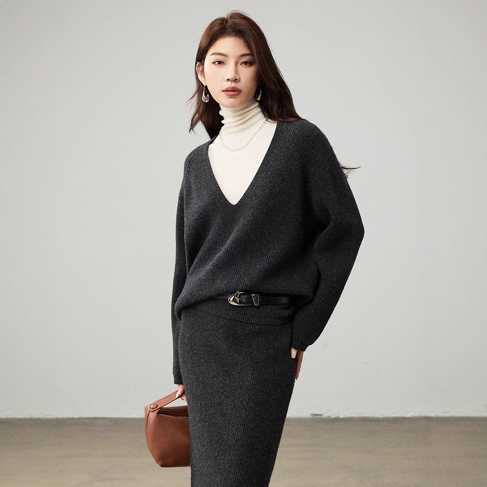 慵懒风100%羊毛毛衣女针织半身裙两件套2025新款大码秋冬女装套装
