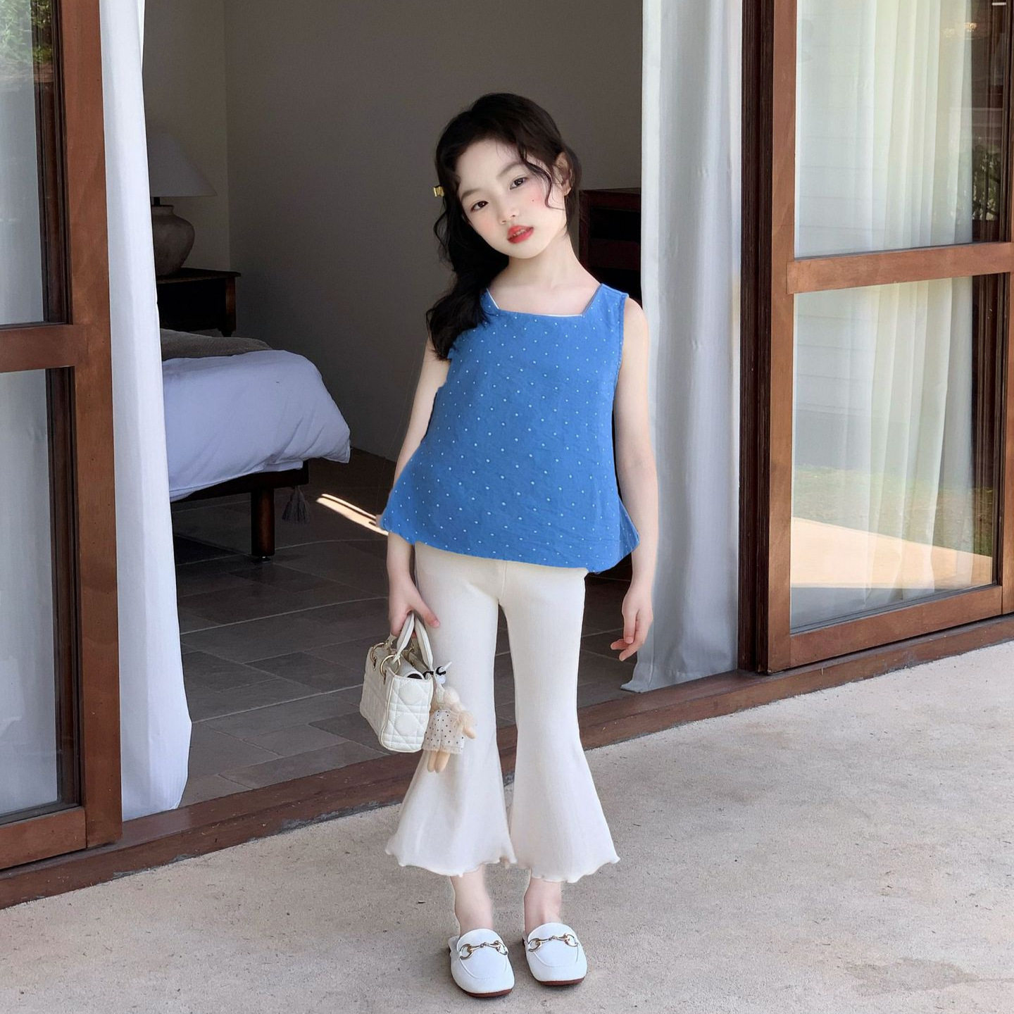 2026夏季新款女童时髦洋气镂空波点背心女宝宝修身显瘦七分喇叭裤