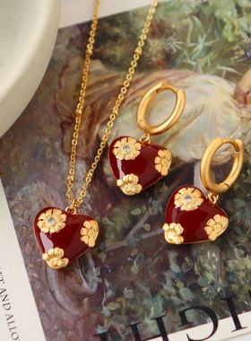 新年订婚结婚安可拉红色滴油爱心项链耳环女时尚百搭复古锁骨链