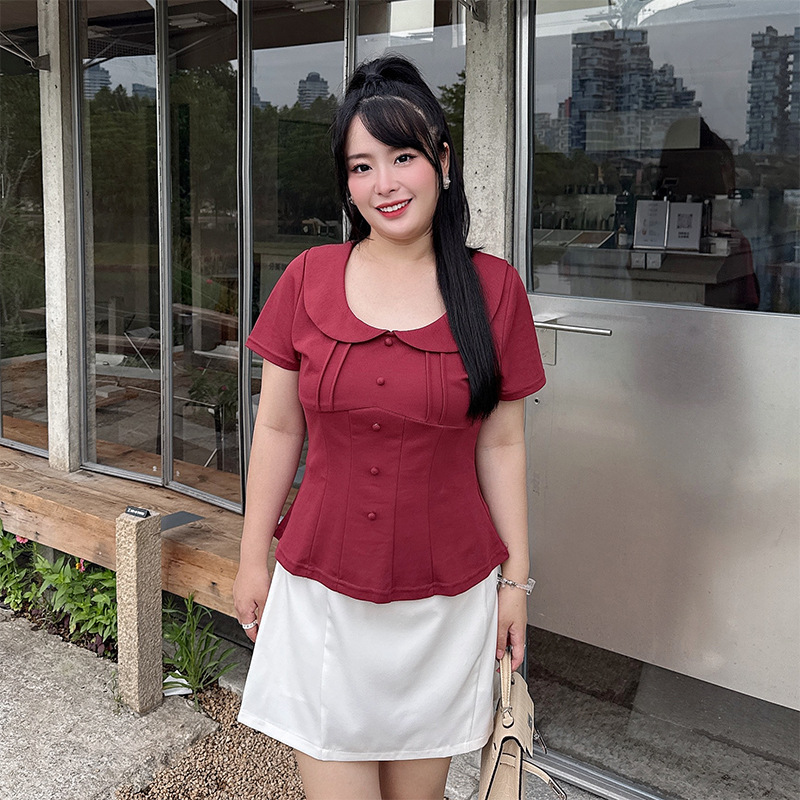 气质红色娃娃领短袖小众设计通勤简约2025女夏季新款显瘦大码T恤