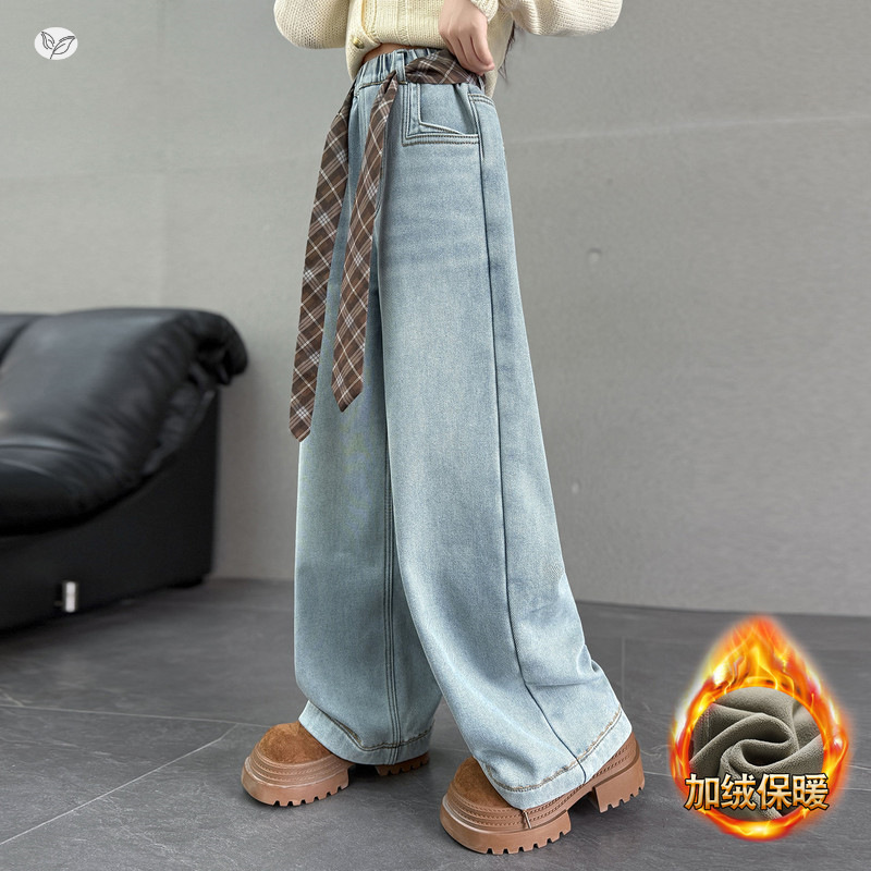女童牛仔裤2025年秋冬加绒新款格纹腰带阔腿裤中大童休闲直筒长裤，童装裤子，祺儿童装