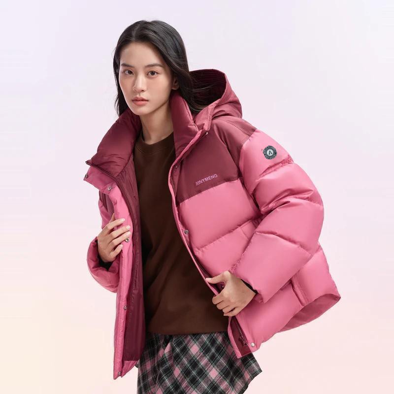 拼接羽绒棉服女短款连帽2025年新款冬季新款宽松小众设计感面包服