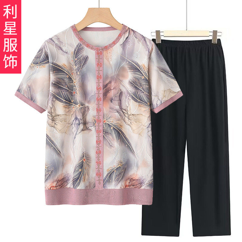 妈妈春秋季印花小衫洋气短袖上衣中老年女夏装时尚圆领打底衫T恤