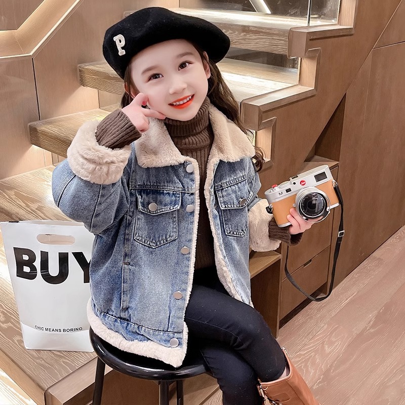 女童宽松翻领加绒牛仔外套女2025深秋新款加厚上衣秋冬装韩版棉衣