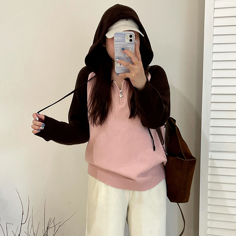 乃粒23597大码女装撞色插肩袖连帽卫衣休闲上衣2025冬胖mm针织衫