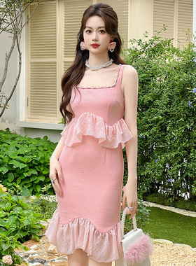 2025夏季新款甜美气质方领荷叶边遮肚包臀假两件吊带连衣裙91114