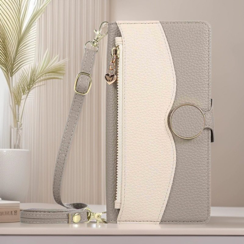 适用夏普R10 R9潮女双色拼接手机壳Sense10/9斜挎手机套R8荔枝纹翻盖插卡皮套Wish5/4/3拉链钱包保护套