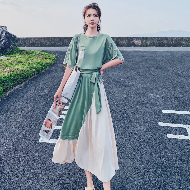 唐朱迪小众设计感短袖连衣裙女夏季新款收腰显瘦气质a字桔梗长裙