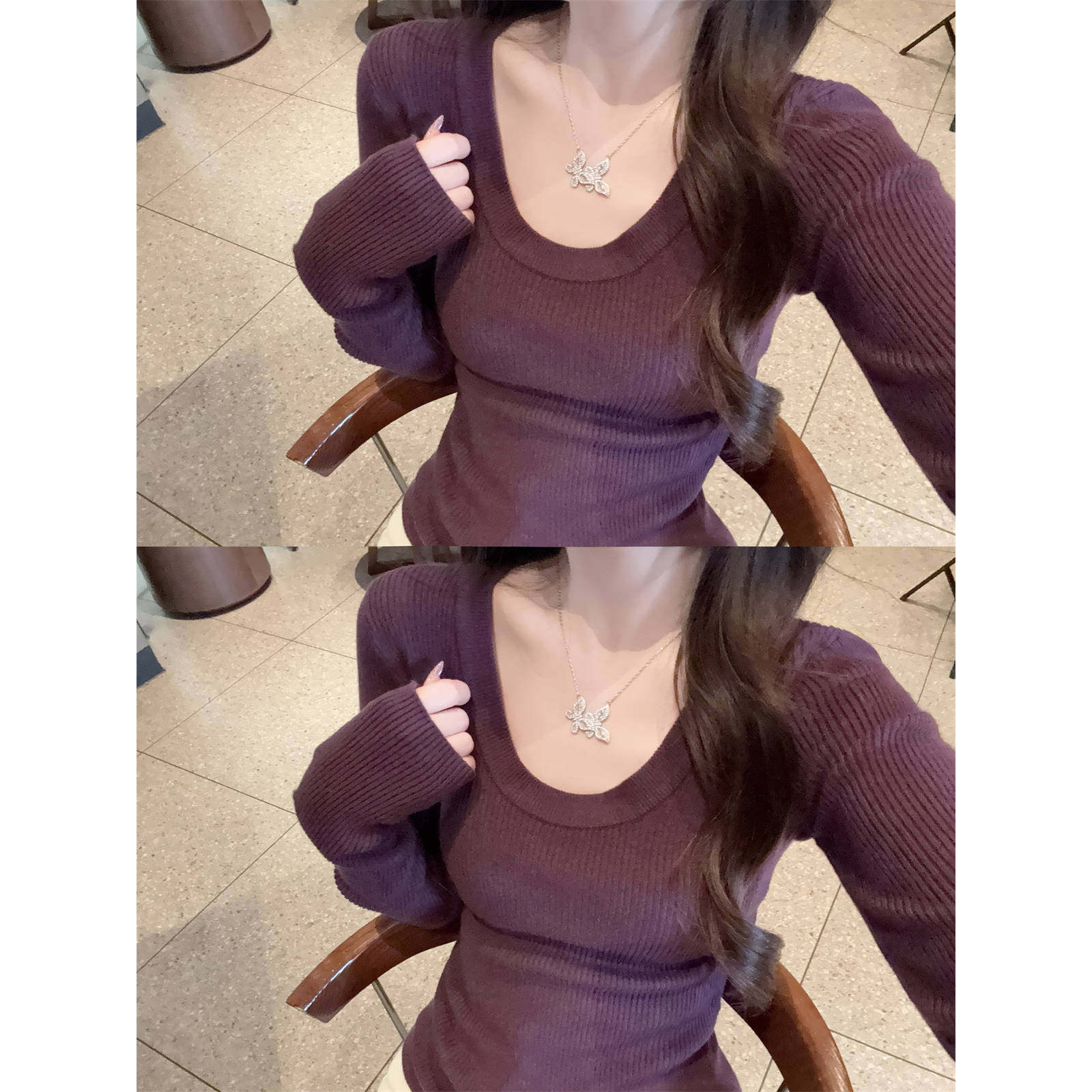 紫色甜辣u领针织衫女秋冬修身显瘦内搭上衣ins轻熟风打底长袖毛衣,女装/女士精品,毛针织衫,淘宝优惠券,粉丝福利购,淘宝优惠卷