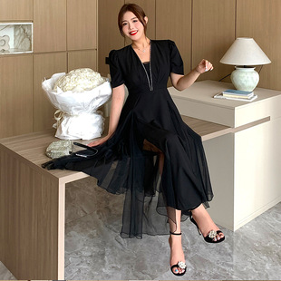 夏新款大码女装气质优雅微胖新款礼服连衣裙级感赫本风胖mmA字裙