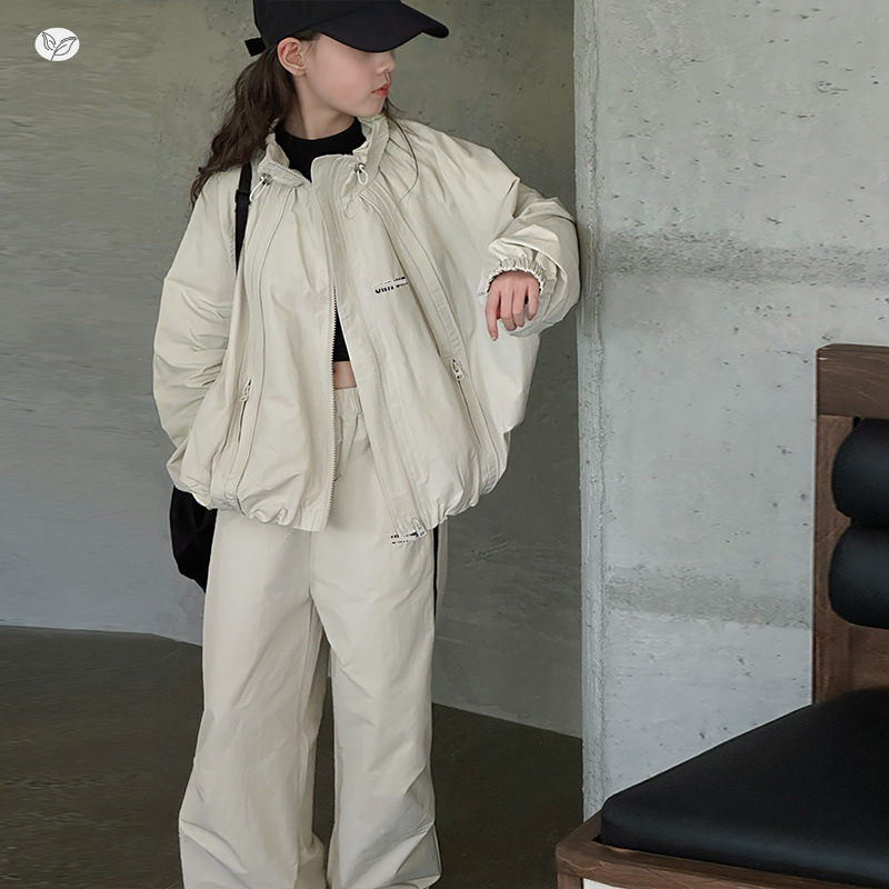 女童休闲套装2025秋季新款立领宽松夹克阔腿裤两件套中大童洋气潮，童装休闲套装，祺儿童装
