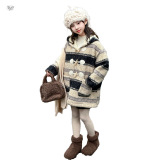 女童2025年冬季新款韩系条纹加绒连帽外套女大童牛角扣中长款大衣，童装棉衣，祺儿童装