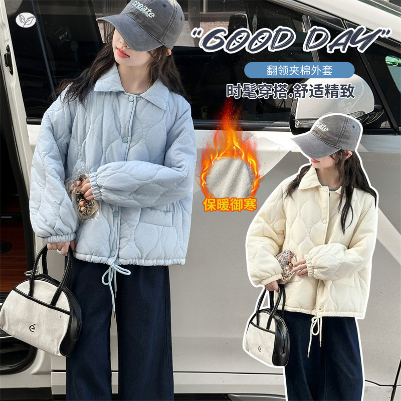 女童2025年秋冬新款韩系翻领绗棉棉衣女大童户外加厚简约棉服外套，童装棉衣，祺儿童装