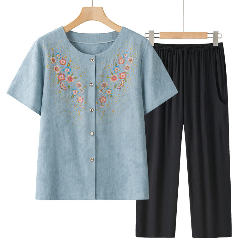 奶奶夏装短袖棉麻套装中老年人女装开衫唐装老人太太衣服妈妈衬衫