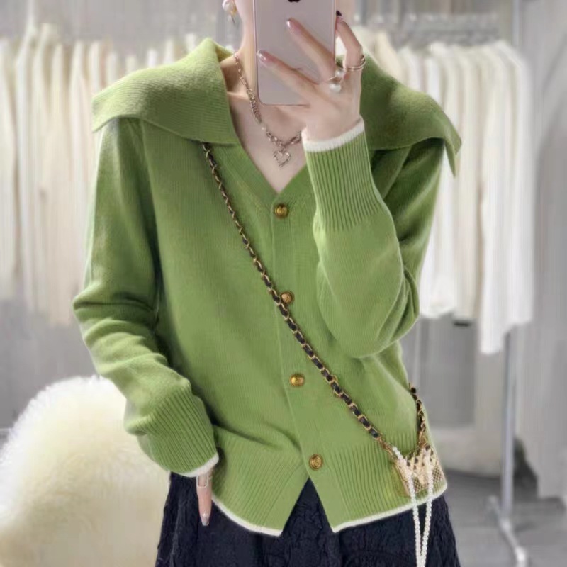 韩版拼色100纯羊毛开衫女海军领加厚毛衣外套羊绒针织大翻领上衣