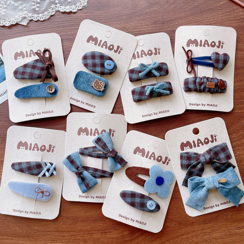 秋冬布艺湖蓝色系儿童发夹蝴蝶结格纹BB夹前额刘海夹女孩碎发边夹