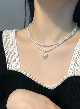 优雅复古法式双层珍珠项链女ins网红锁骨链简约小众设计脖子饰品