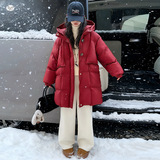 女童2025年冬新款正红中长款加厚棉服女大童户外防风保暖韩版棉衣，童装棉衣，祺儿童装
