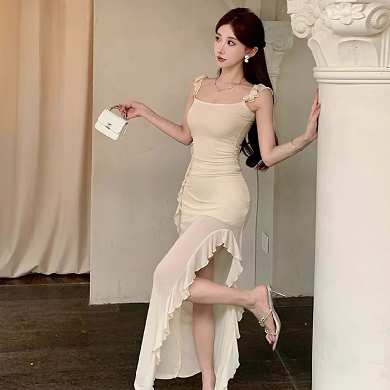 开叉吊带连衣裙女夏季甜辣妹小飞袖纯欲风收腰网纱裙子不规则长裙