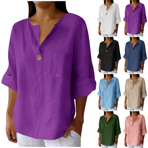 Summer new loose T-shirt women's V-neck button up top 上衣