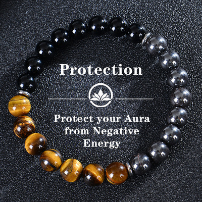 天然虎眼石黑曜石黑磁石手链天然石三层串珠手链Triple Bracelet