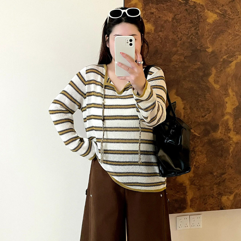 抽绳撞色条纹针织衫宽松遮肉