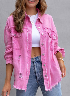 Ripped Denim Jacket Women Oversized Jean Shacket Frayed Hem