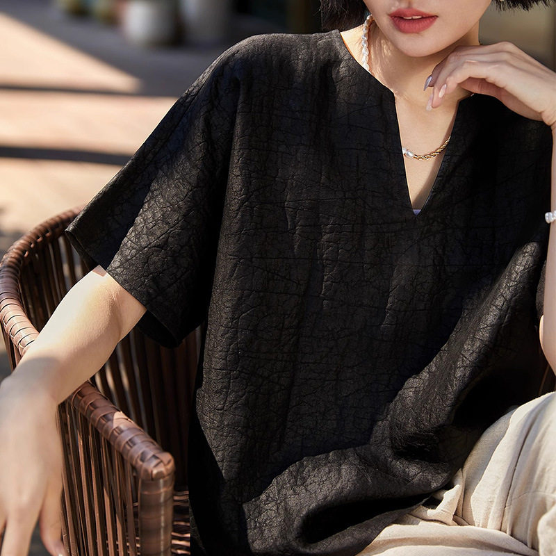 非遗莨绸香云纱 真丝龟裂纹 桑蚕丝短袖V领上衣 黑色T恤夏季女装
