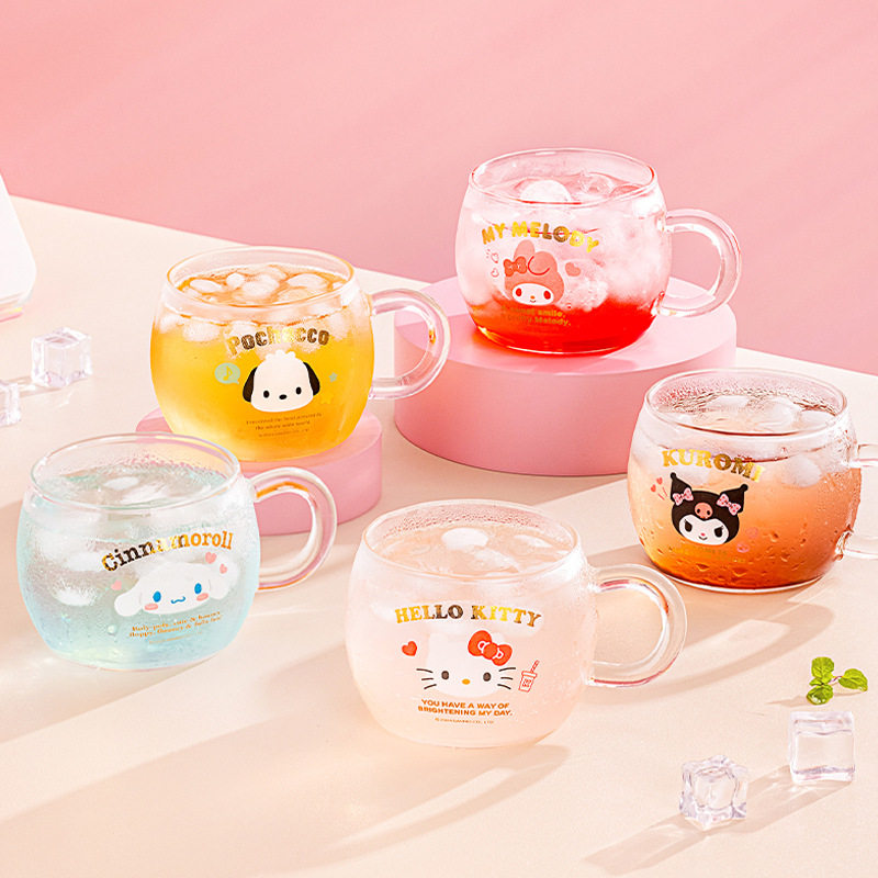 古杰士HelloKitty玻璃杯可爱卡通圆形马克杯库洛米带手柄喝水杯子