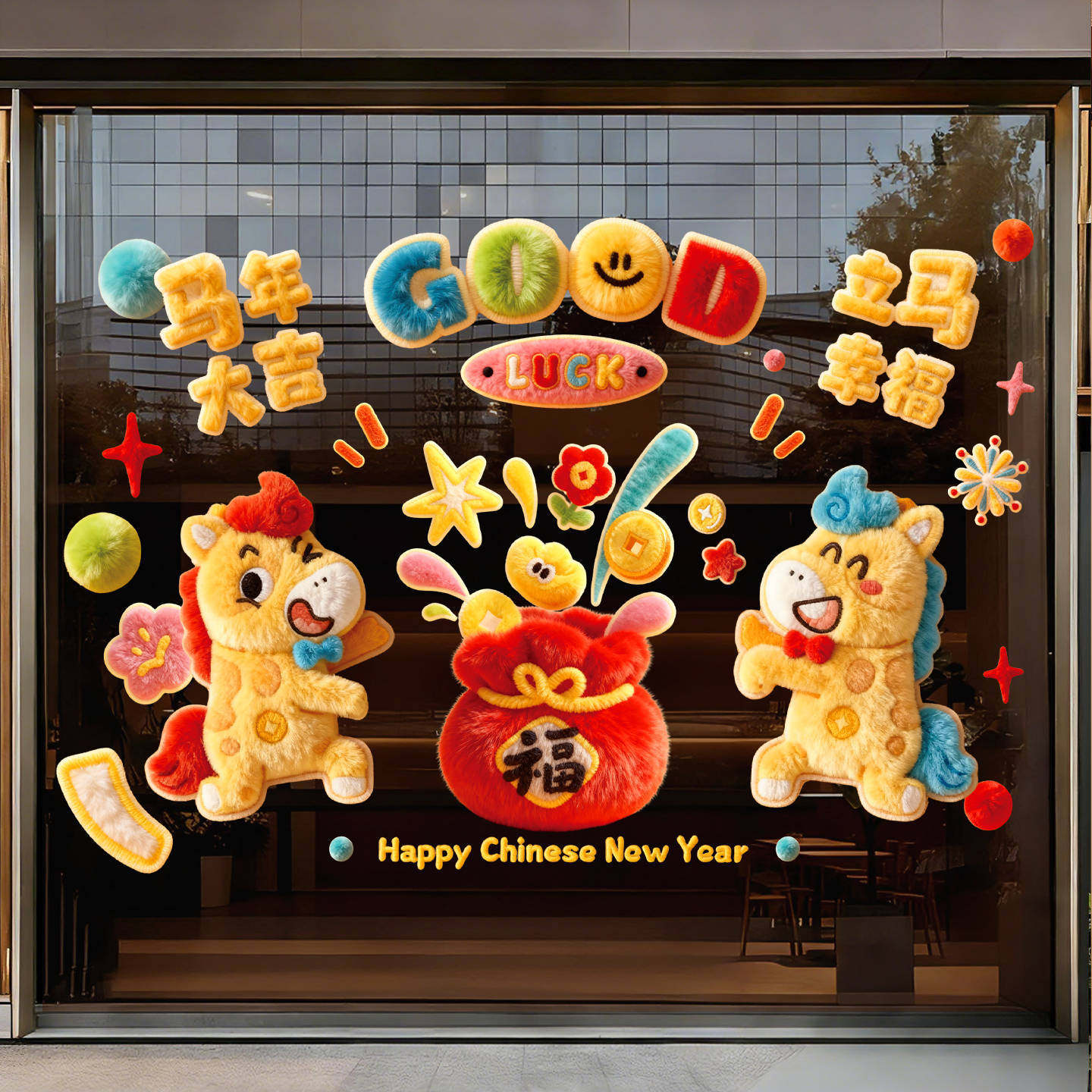 新年静电贴2026新款马年窗花过年生肖福字春节彩色玻璃窗贴纸装饰