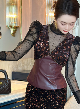 2025秋装新款女装法式性感网纱亮片拼接OU皮收腰显瘦上衣91482