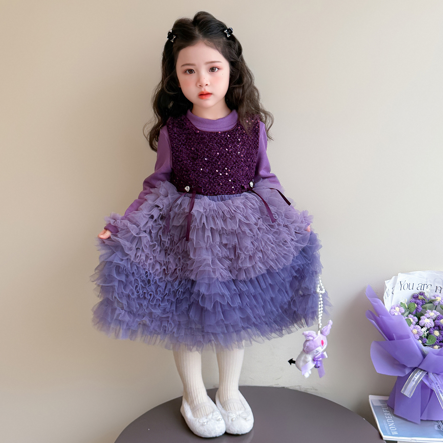 女童连衣裙套装加绒加厚秋冬新款洋气儿童冬装女蛋糕裙两件套P99，童装休闲套装，祺妙童装