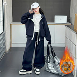 女童加绒套装2025年秋冬新款中大童插肩袖撞色外套阔腿裤两件套潮，童装休闲套装，祺儿童装