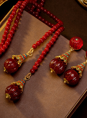 中古vintage新年红色串珠项链毛衣链耳钉套装气质复古流苏琉璃珠