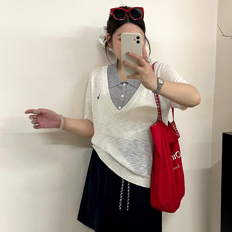 乃粒25015大码女装polo领撞色针织衫上衣2026夏胖mm休闲短袖t恤女