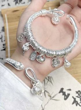 手镯女镀纯银不掉色夸张手链吉言盘缠招财猫黄财神手饰礼品手串