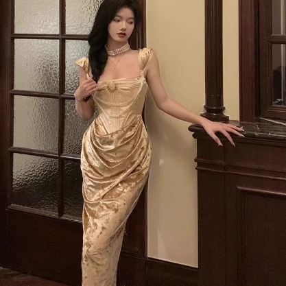 TZ2966名媛风法式连衣裙秋冬季复古提花鱼骨拼接生日party端裙