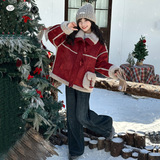 女童2025年冬季新款风皮毛一体加厚年服外套洋气喜庆红色呢大衣，童装外套，祺儿童装