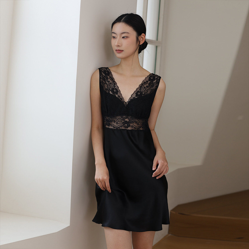 新款真丝睡衣女夏季重磅黑色桑蚕丝绸无袖性感蕾丝吊带睡裙可外穿