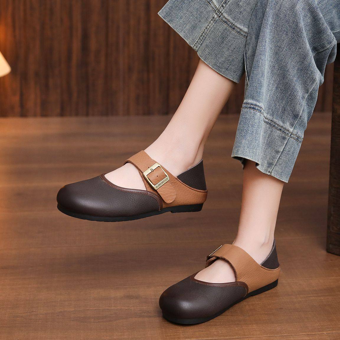 头层牛皮勃肯鞋女2026春季新款复古丑萌软皮平底鞋圆头玛丽珍鞋,女鞋,时尚休闲鞋,淘宝优惠券,粉丝福利购,淘宝优惠卷