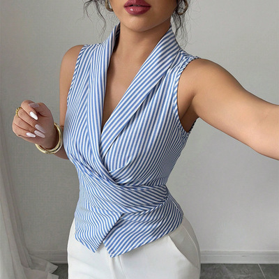 条纹无袖衬衫夏绑带收腰显瘦背心衬衣 sexy women's short shirts