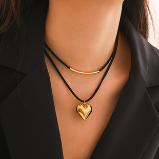 Necklace 简约弯管heart 欧美跨境饰品 黑绳绒布几何小爱心项链