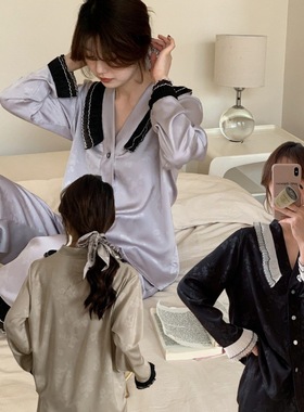 清仓特价CACA法式浪漫月光缎睡衣女套装薄款花边长袖家居服可外穿