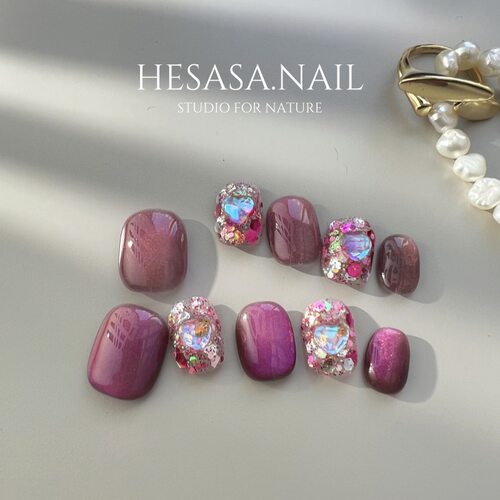 SXRQ|宽猫眼贴钻短款豆豆美甲纯手工成品穿戴甲Press on nails