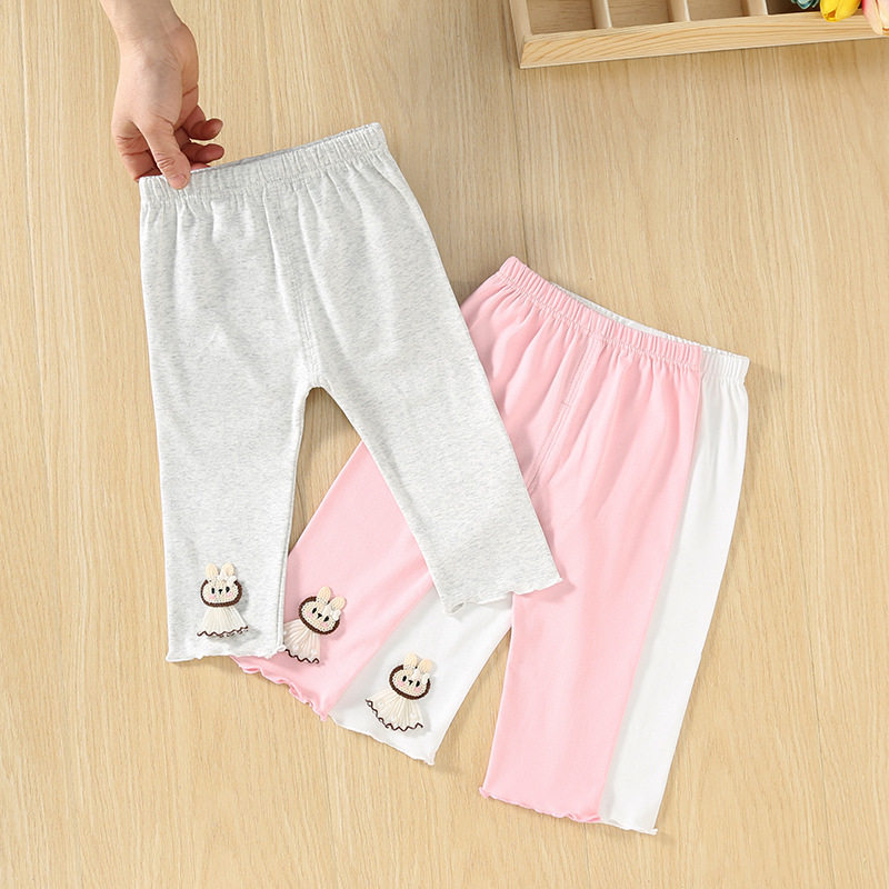 女童打底裤纯棉坑条超弹花边兔子九分裤紧身女宝宝夏天裤子健美裤