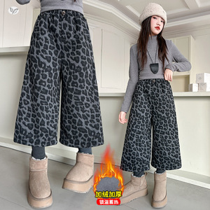 女童豹纹阔腿裤2025秋冬加绒新款中大童宽松七分裤时髦休闲裤冬装，童装裤子，祺儿童装