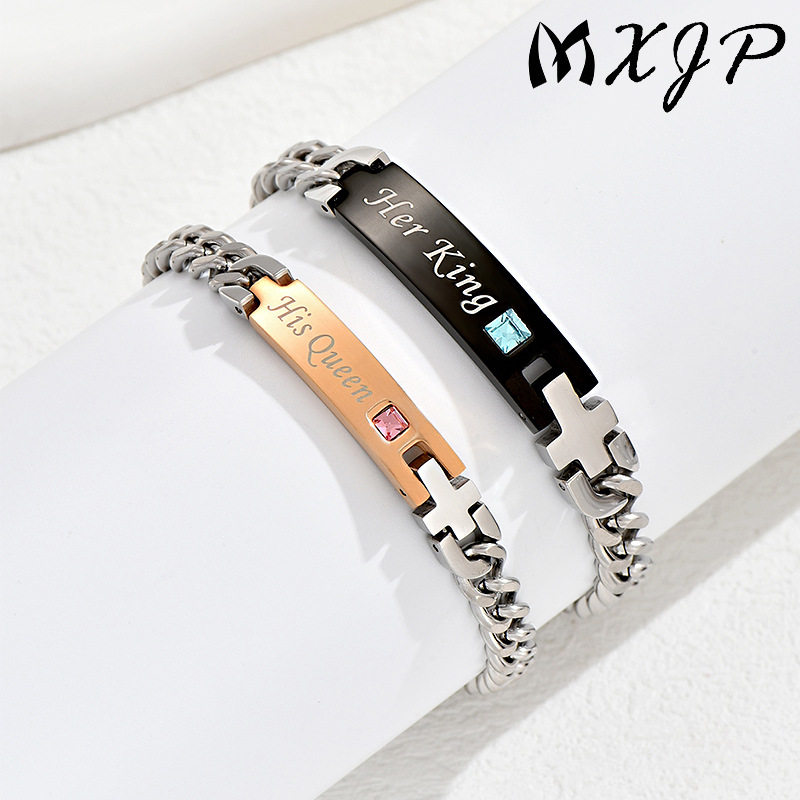 欧美个性潮流饰品Her King His Queen钛钢情侣镶钻玫瑰金黑色手链